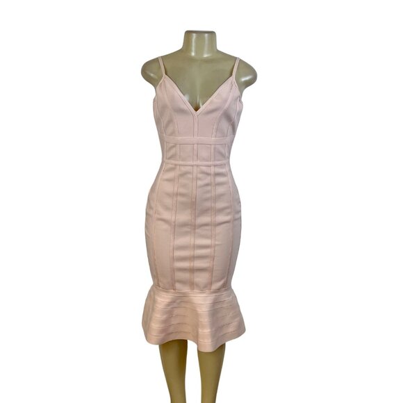 Venus Womens Blush Pink Bandage Midi Dress Sleeveless Ruffle Mermaid Hem Sz S - Picture 1 of 9